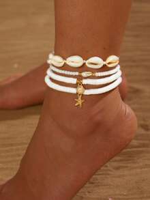 4pcs/Set Bohemian Style Shell, Seashell, Starfish & Bead Anklet Set For Beach Vacation, Suitable For Daily Wear And Gifting - White - View 1