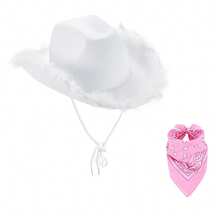 Adjustable Chin Strap Cowboy Hats Cowgirl Hat With Scarf For Women Girls Cowboy Costume Theme Party - 白色毛邊 - 查看 1