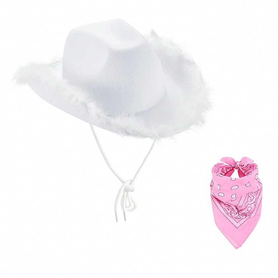 Adjustable Chin Strap Cowboy Hats Cowgirl Hat With Scarf For Women Girls Cowboy Costume Theme Party - 白色毛邊 - 查看 1