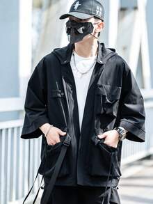 Veste coupe-vent à capuche amovible, style workwear japonais fonctionnel, manches courtes, unisexe, été, avec plusieurs poches, léger, automne - Noir - Voir 6