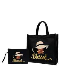 Bolso de lona con estampado de letras doradas y patrones femeninos, que incluye una bolsa pequeña con asa de mano, monedero y bolso grande con gran capacidad, de uso casual y portátil, adecuado para compras en el supermercado, viajes de negocios, vacaciones en la playa, y también puede ser un regalo ideal para amigos, familiares, cumpleaños, Día de la Madre, Día del Maestro.