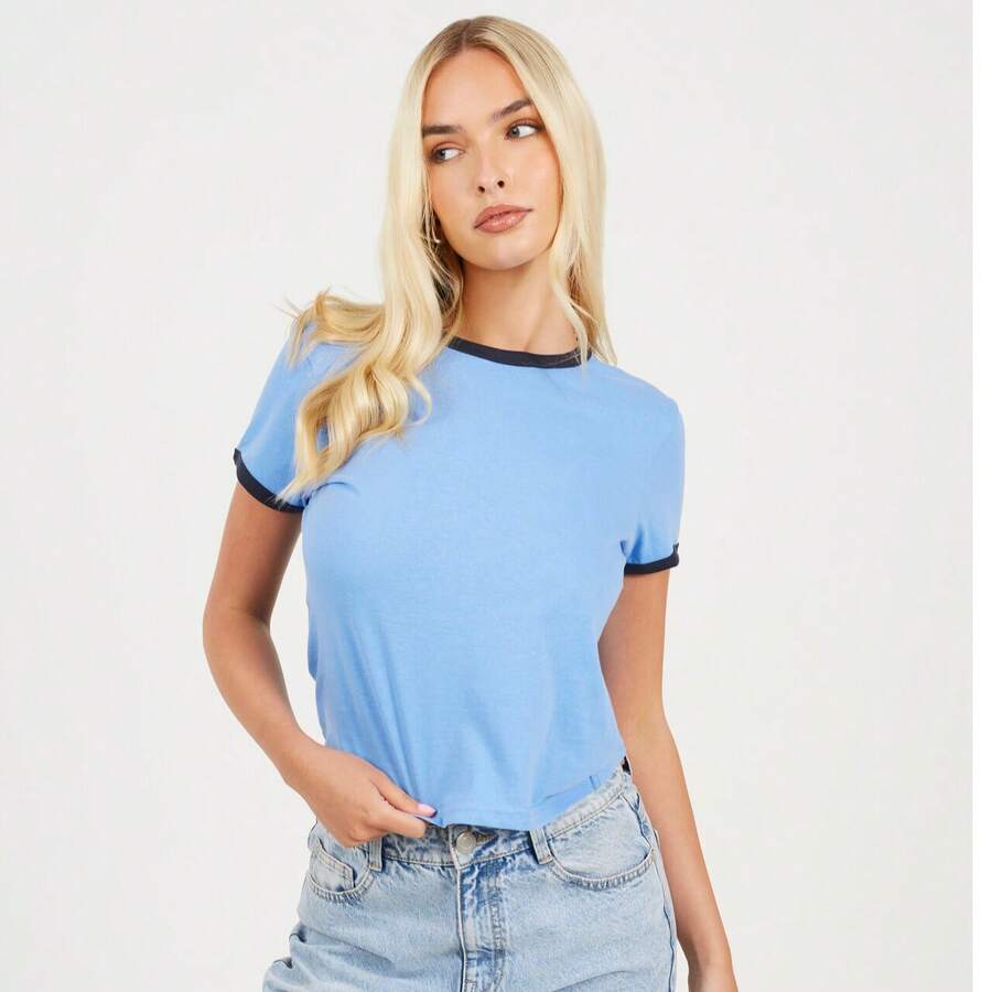 brave soul Short Sleeve Contrast Ringer Tee - Cornflower Blue - View 1