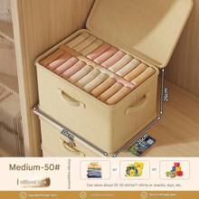 1pc Folding Storage Bin With Zipper And Handle, Beige Storage Box,Polyester Linen, Square, Lid Type,Solid And Tangible Multi-Purpose For Storing Clothing, Toys And Other Items, Upholstery, Bedroom Decor, Trim, Storage, Jeans