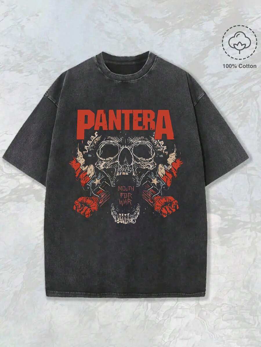 Retro Effect, Pantera T Shirt Mouth For War Band Logo Graphic Adult Men's T-Shirt,230g Washed T-Shirt, Summer Cotton Streetwear Top T-Shirt - màu đen - Xem 1