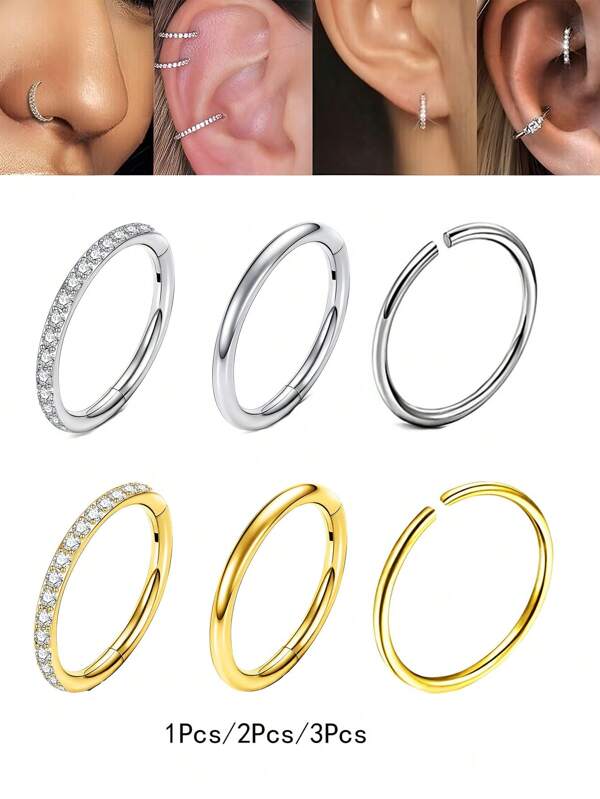 3 Pieces/1 Piece Of High-Quality 316L Surgical-Grade Stainless Steel Silver Nose Rings, Suitable For Septum Rings, Cartilage Earrings, Helix Earrings, Can Be Used As Nose Rings, Nose Septum Rings