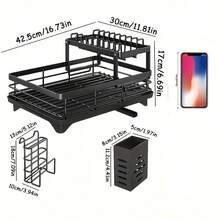 Double-Layer Dish Drying Rack - 1pc Kitchen Sink Dish Drainer With Detachable Bowl Rack, Multifunctional Storage And Drainage, Sink Countertop Cup Holder Black - Black - View 4