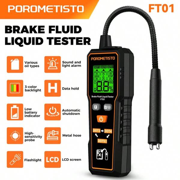 POROMETISTO POROMETISTO FT01 Bremsflüssigkeitstester für Fahrzeuge, universal für DOT3/4/5.1, flexibler beleuchteter Sensor, Wassergehaltsdetektion, Kfz-Reparaturwerkzeug, LCD-Anzeige, tragbar