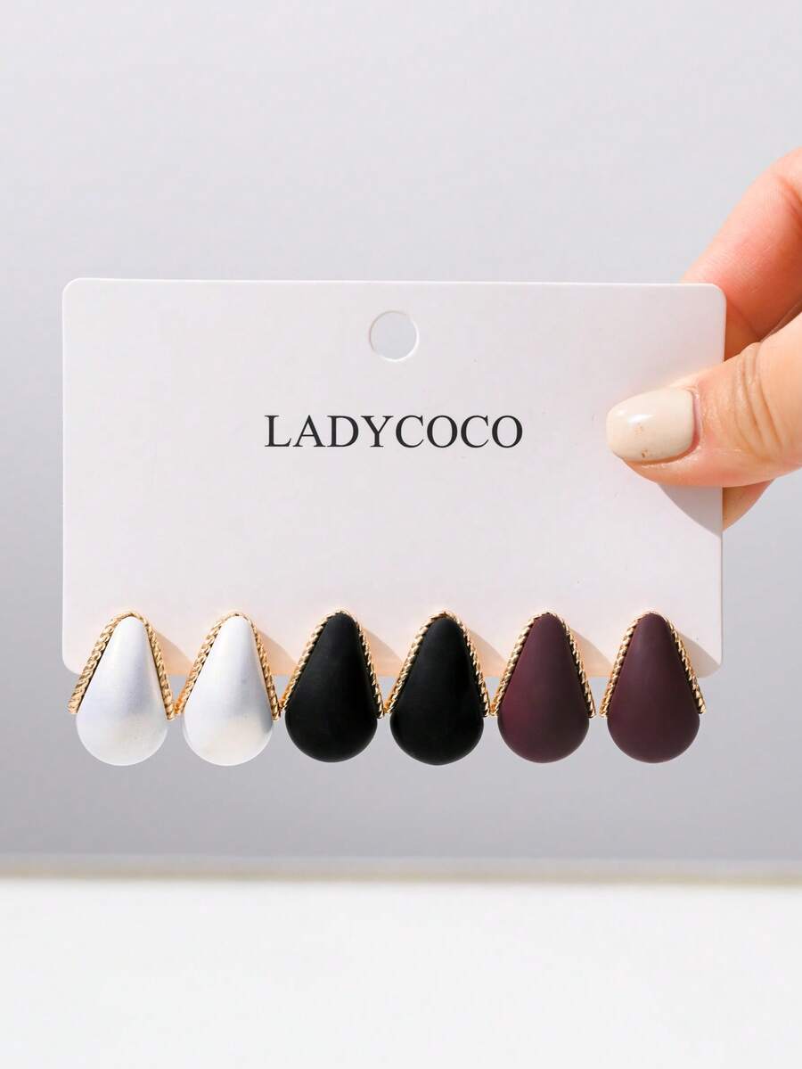 LADYCOCO 3 Pairs Elegant Multi-Color Teardrop Earrings With Golden Rim, Suitable For Women's Daily Wear, Dating, Party And Everyday Matching Earring Set