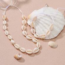 2pcs Seashell Bracelet & Necklace Set, Boho Style Woven Choker - Beige - View 2