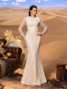 Faeriesty Haute Glamour Gorgeous Beaded Mermaid Evening Gown With Sheer Long Sleeves & Cascading Arc Pearl Chain For Luxury Evening Galas & Glamorous Banquet Debut