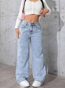 Teen Girls' Fashionable Versatile Solid Color Pocketed Denim Wide Leg Pants