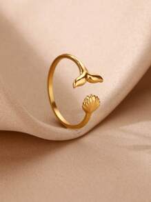 1Pc Dainty Sea Shell Fishtail Ring For Women, Shell Ring, Whale Tail Ring, 18K Gold-Plated Stainless Steel Open Adjustable Ring, Summer Beach Vacation Style Jewelry Fashion Accessories