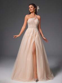 VIPGIRL Elegant Apricot Asymmetric Neckline Beaded Sheer Formal Gown, A-Line High Slit Evening Dress, Dreamy Formal Ball Gown, Mesh Graduation Party Dress, Women's Formal Attire, Long Formal Dress, Suitable For Wedding Guests - Apricot - View 2