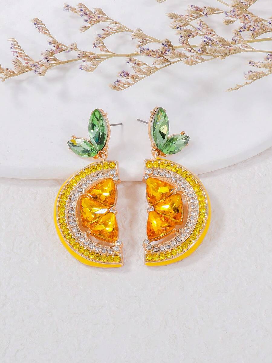 juran 1 Pair Cute Rhinestone Fruit Lemon Pendant Earrings, Fun Party & Casual Daily Wear Jewelry Gift For Women - Yellow - View 1