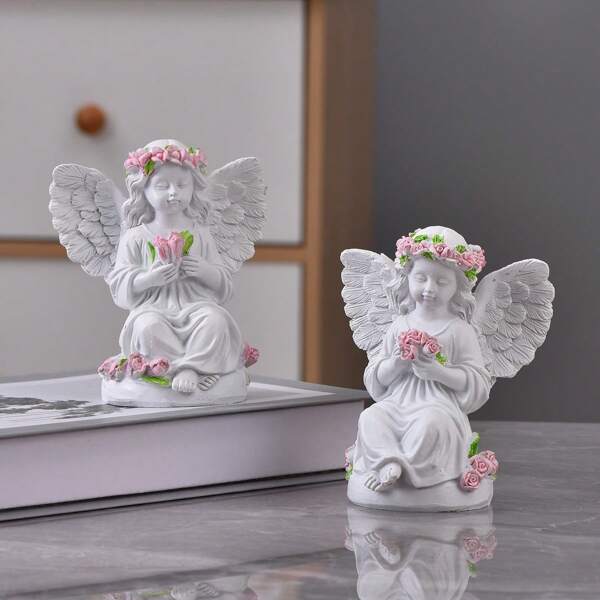 1 pieza Figura decorativa de ángel de resina con ramo de flores - Estatua coleccionable decorativa para la sala de estar, decoración interior del hogar, sin necesidad de electricidad