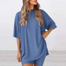 Women's Summer Two-Piece Set 2025  Casual Oversized Shirts Biker Shorts Matching Airport Travel Outfit Split Hem Lounge#Springtok - Blue - View 2
