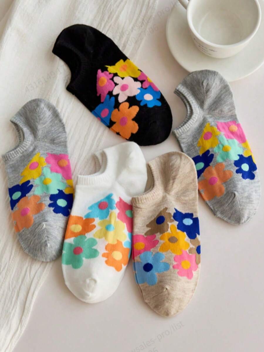 5 Pairs Of Women's Ankle Socks, Floral Crew Socks, Suitable For All Seasons, Random Colors - Multicolor - View 1