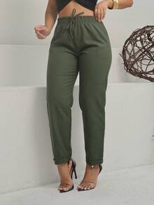 TEREZA Women's Trousers With PREMIUM Linen Italian Hem And Casual Elastic Waistband - 軍綠色 - 查看 1