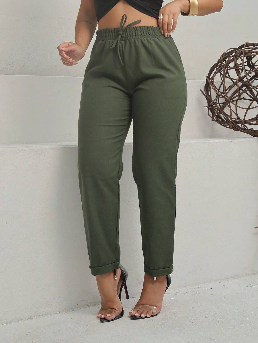 TEREZA Women's Trousers With PREMIUM Linen Italian Hem And Casual Elastic Waistband - 軍綠色 - 查看 1