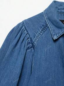 ZEVITY Plain Color Pleated Sleeve Single-Breasted Casual Denim Top