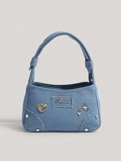 حقيبة إبط بطراز Y2K ، حقيبة كتف بنقشة نجمة وقلب ، حقيبة يد بسحاب بلون سادة ، مناسبة للتسوق، الترفيه اليومي، المواعدة، الحفلات، التنقلات، والخروج