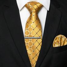 Bộ 1/2/3/4/5 món cà vạt lụa kẻ caro vàng dành cho nam, cà vạt lụa satin kẻ ô, khăn cài túi áo, khuy măng sét, kẹp cà vạt bạc và các loại ghim cài (hình ngôi sao, máy bay, nốt nhạc, tia sét), món quà lý tưởng cho nam giới, phù hợp cho đám cưới, công sở, sự kiện trang trọng, hẹn hò, tiệc chiêu đãi, chụp ảnh cưới, lễ tốt nghiệp, phụ kiện, lễ hội, quà tặng, quà Ngày của Cha. - Vàng - Xem 16