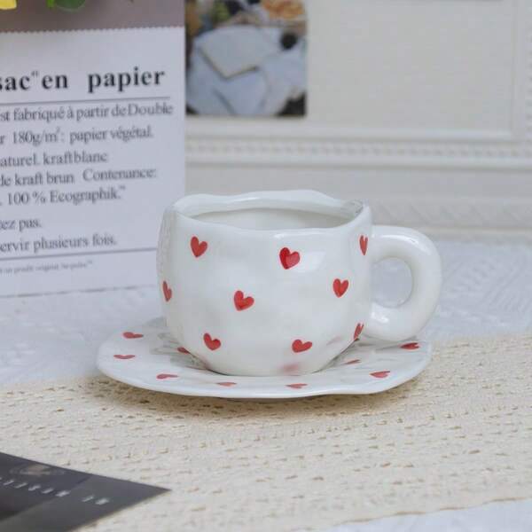 1 Set de tazas de café y platillos de cerámica con patrón asimétrico pintado a mano, para el té de la tarde y el café