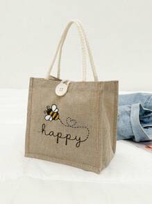 Bolsa feminina multifuncional com pequena bolsa de cosméticos, estampa fofa com abelhas e corações, bolsa grande e bolsa pequena, bolsa de linho, bolsa de armazenamento, sacola de compras com design de letras em estilo festivo, adequada para casamentos, aniversários, praias e feriados, bolsa de linho, bolsa de presente para o dia do professor, bolsa de armazenamento portátil leve e dobrável, bolsa simples, enfermeira, médica, bolsa de armazenamento de agradecimento ao professor, adequada para presente de mãe, cosméticos de viagem pessoal, sacola de compras
