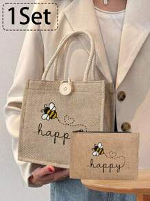 Bolsa feminina multifuncional com pequena bolsa de cosméticos, estampa fofa com abelhas e corações, bolsa grande e bolsa pequena, bolsa de linho, bolsa de armazenamento, sacola de compras com design de letras em estilo festivo, adequada para casamentos, aniversários, praias e feriados, bolsa de linho, bolsa de presente para o dia do professor, bolsa de armazenamento portátil leve e dobrável, bolsa simples, enfermeira, médica, bolsa de armazenamento de agradecimento ao professor, adequada para presente de mãe, cosméticos de viagem pessoal, sacola de compras