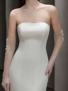 1 Pair Women's Long Beaded Mesh Gloves, Elegant White Long Bridal Wedding Party Photo Accessory, Bridal Wear. Versatile To Match With Wedding Dress Autumn Accessories