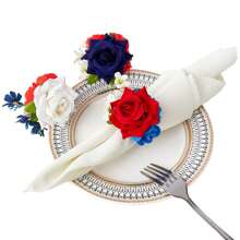 6pcs New Jute Napkin Rings, Hotel Tabletop Decor Cloth Loops, Bowknot Napkin Rings, Tabletop Decor Rings, Theme Red White Blue Rose Napkin Rings, Handmade Rose Holiday Tablescape Napkin Rings
