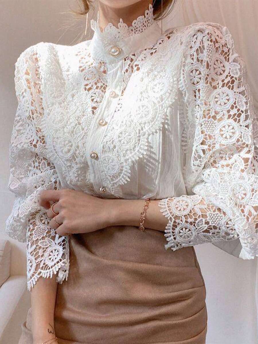 Women's Lace Blouse, Women's Shirt With Openwork Buttons And Lace - trắng - Xem 1