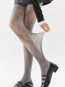 1 pieza Medias vintage de mujer con jacquard de encaje y rosas florales, pantalones ajustados de alta elasticidad, pantimedia transparente y estilizadora