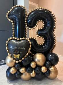 43pcs Black Number Column Balloon Set, Includes 32 Inch (81.28cm) Black Number Foil Balloons, Black & Metallic Gold Round Latex Balloons, Suitable For Anniversary, Birthday Decorations, Brides, Wedding Decor, Graduation, Festivals, Party Decor