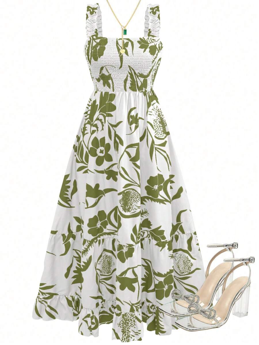 Women's Long Printed Spaghetti Strap Maxi Dress - Green - View 1