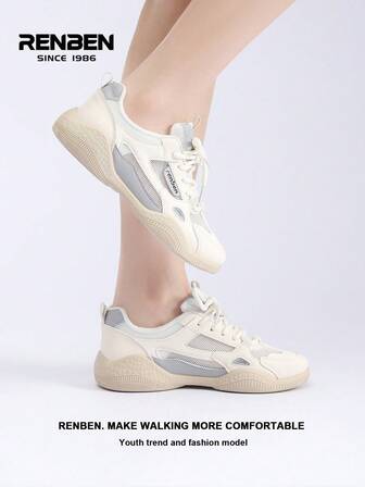  1 Pair Renben Women's Thick-Sole Sneakers With Mesh Vamp, Lace-Up Front Gray Textile Low-Top Vintage Outdoor Casual Comfortable Platform Shoes For Summer, Suitable For Outing And Commuting With Skirts And Pants, A Popular 2025 Fashionable Female Shoe Model