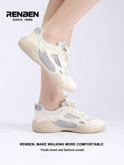 RENBEN 1 par de zapatillas de suela gruesa para mujer Renben con empeine de malla, cierre de cordones frontal, textil gris, de estilo vintage, cómodo diseño de plataforma para uso casual al aire libre en verano, adecuado para usar con faldas y pantalones, un popular modelo de zapato femenino de moda para 2025