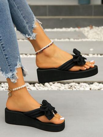 Sandalias de verano con lazo para mujer, chancletas de tacón alto, nuevas sandalias de playa con suela antideslizante y gruesa, calzado de tacón cuña para vacaciones