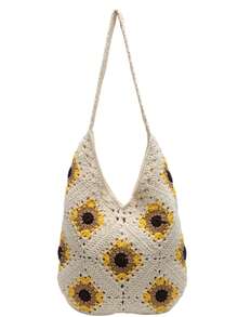 女士手工钩编单肩托特包，向日葵风格编织设计，大容量柔软托特包，时尚优雅，适合旅行 - 白色 - 查看 16