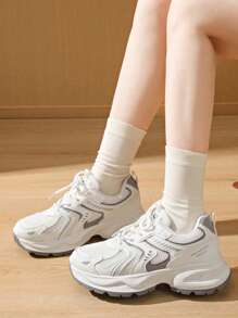 Women's Spring Autumn New Sports Chunky Sneakers, Mesh Breathable Platform Low Vamp Wedge Heel Casual Shoes, Lightweight Versatile Fashion Casual Lace-Up White Grey Sneakers - White - View 3