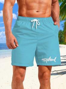3 piezas Pantalones cortos de verano para hombre con cordón, estampado gráfico de letra de tiburón en estilo hawaiano, esencial para vacaciones