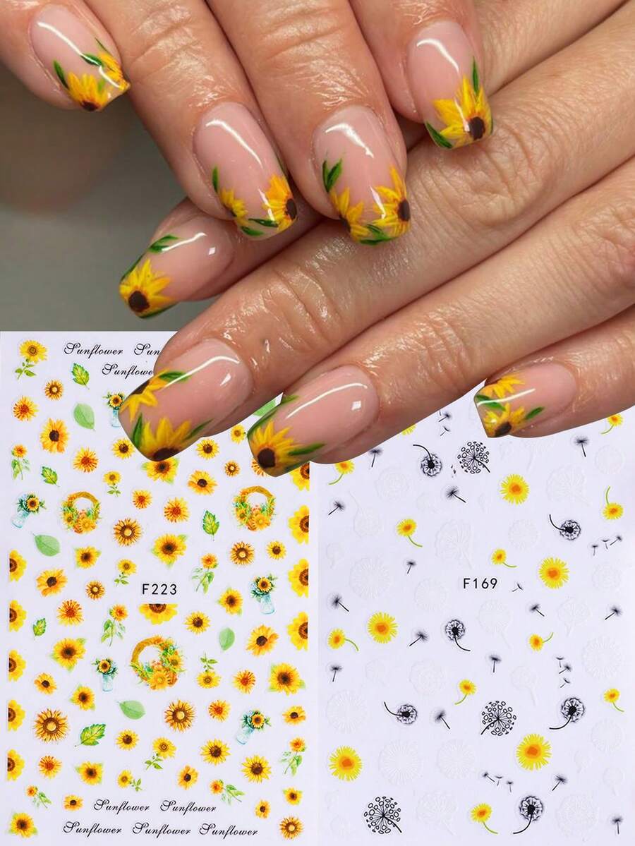 2 件优雅黄色向日葵蒲公英指甲贴花 3D 夏季花朵贴纸适用于指甲艺术用品 DIY 自粘设计美甲配件家庭沙龙用品