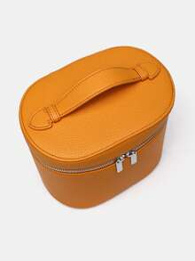 New Brown Textured Makeup Bag, Large Capacity Portable Travel Essential, Fashion Versatile, Exquisite Metal Zipper, High-End Leather Material, Practical Travel Storage Design, Single Handle For Easy Carrying, Super Useful Double Zipper Design, Minimalist Travel Essential, Suitable For Vacation, Summer, Back To School, Travel And Other Occasions, Women's Travel Cosmetic Bag - Orange - View 4