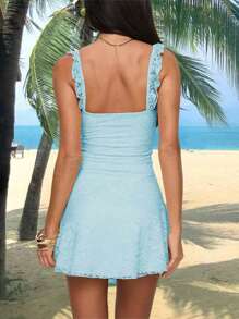 Vestido de verano corto de mujer con estilo Y2K, de encaje floral, sin mangas, con espalda descubierta, cuello cuadrado, ajustado, de línea A, vestido de playa de hada para vacaciones