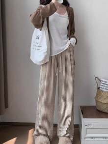 Wide Leg Striped Elastic Palazzo Pants With Pockets - Óxido marrón - Ver 5