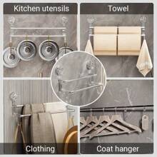 Double-Pole Wall-Mounted Towel Rack With Hooks, Household Non-Perforated Bath Towel Storage Rack With Suction Cups, Bathroom Storage Rack, Dry And Wet Towel Dual-Purpose Storage Rack, Bathroom Organizer, Door Rear Hook, Metal Storage Hanging Rod, Suitable For Towels, Bath Towels, Scarves, Bath Flowers, Home Decoration, Room Decoration, Bathroom Accessories