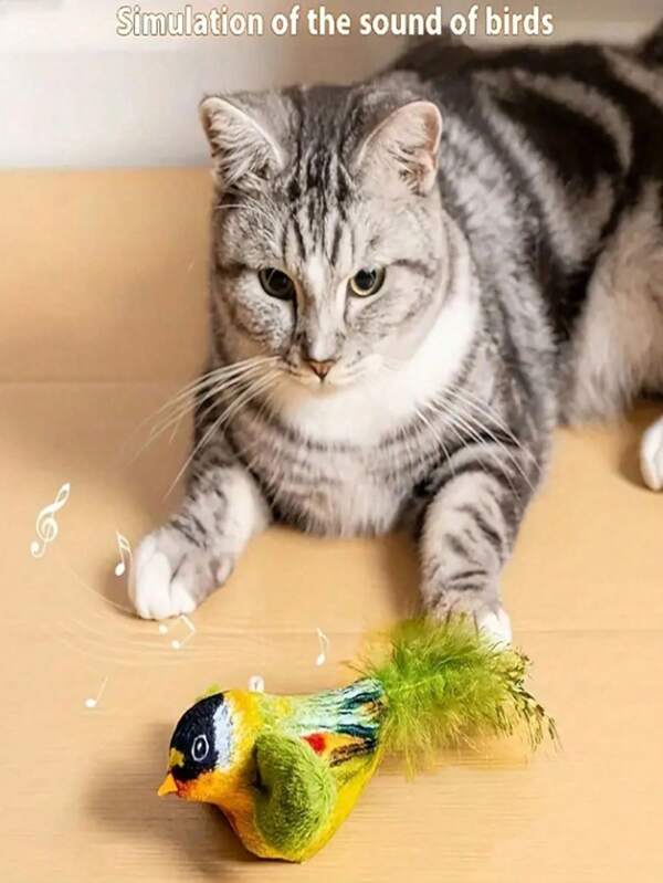 1pc Interactive Plush Talking Cat & Bird Toy, Features Realistic Bird Sounds, Made Of Synthetic Fiber And Artificial Feathers, Battery-Free, Cartoon Design, Suitable For Indoor Cat Activities And Playing