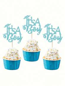 12 piezas - Placas para cupcakes "¡Es un niño!" con bigote y brillo para decorar pasteles de baby shower o fiestas de revelación del género del bebé - Azul - Ver 5