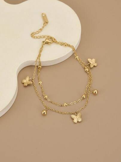 قطعة واحدة سوار كاحل أنيق للمرأة من التصميم الفاخر ذو طبقتين من الفولاذ المقاوم للصدأ بزخرفة فراشة ذهبية بعلامات مجسمة ثلاثية الأبعاد