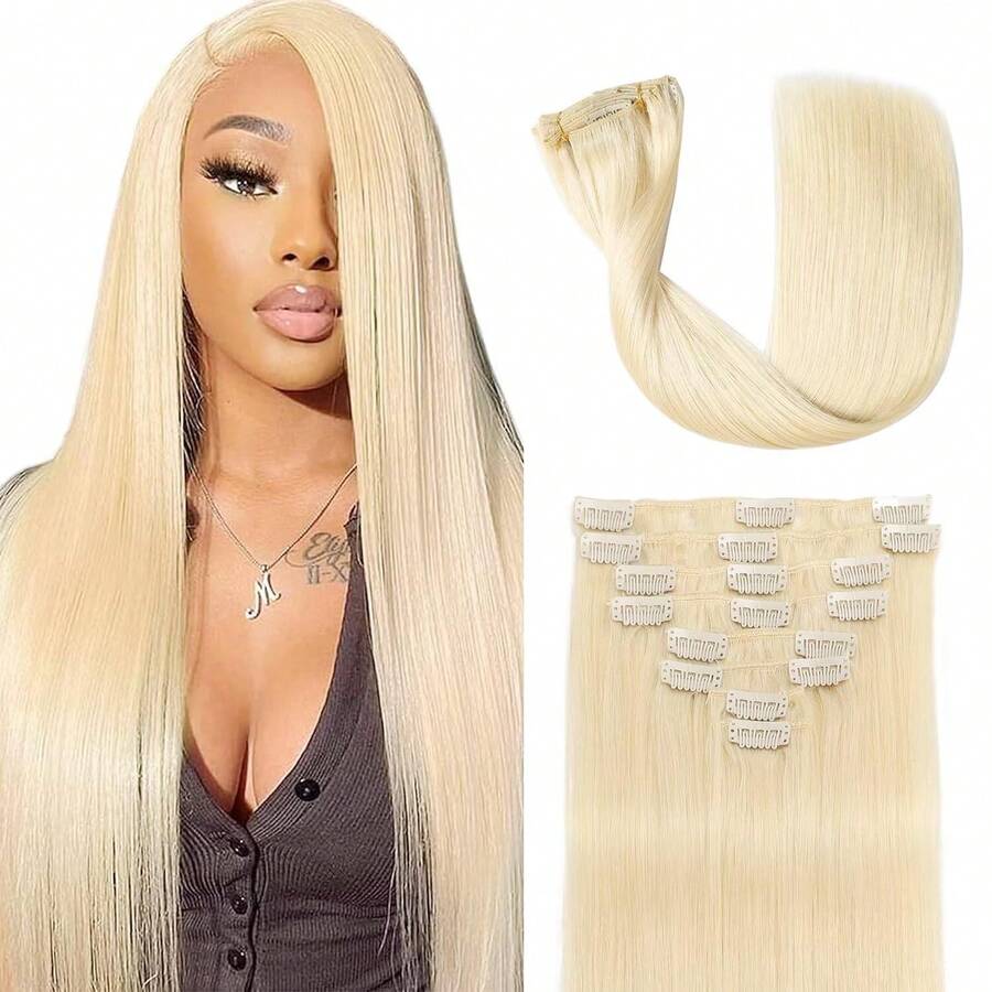 Clip In Hair Extensions Real Human Hair Clip Ins 8pcs Blonde Straight Human Hair Clip In Extensions Soft Silky Invisible Edge Brazilian Real Hair Extensions Clip In Human Hair For Full Head - S613 - View 1